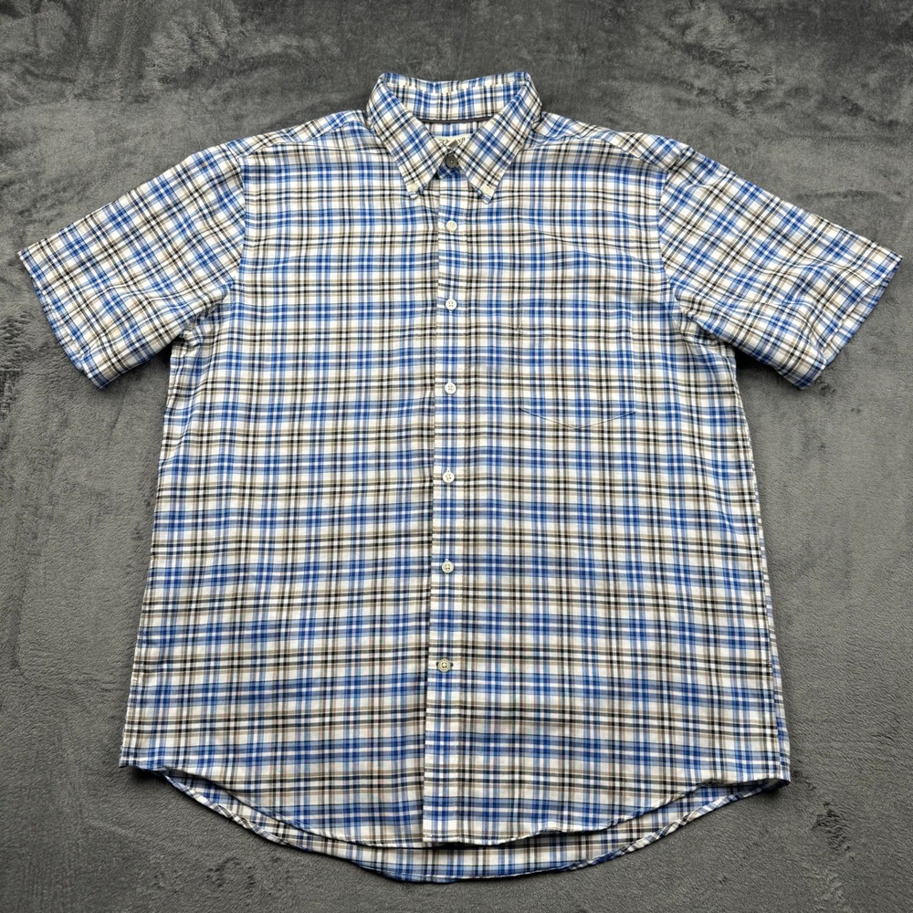 St Johns Bay Mens Large Blue Plaid Iron Free Short Sleeve Button Down Shirt 0122